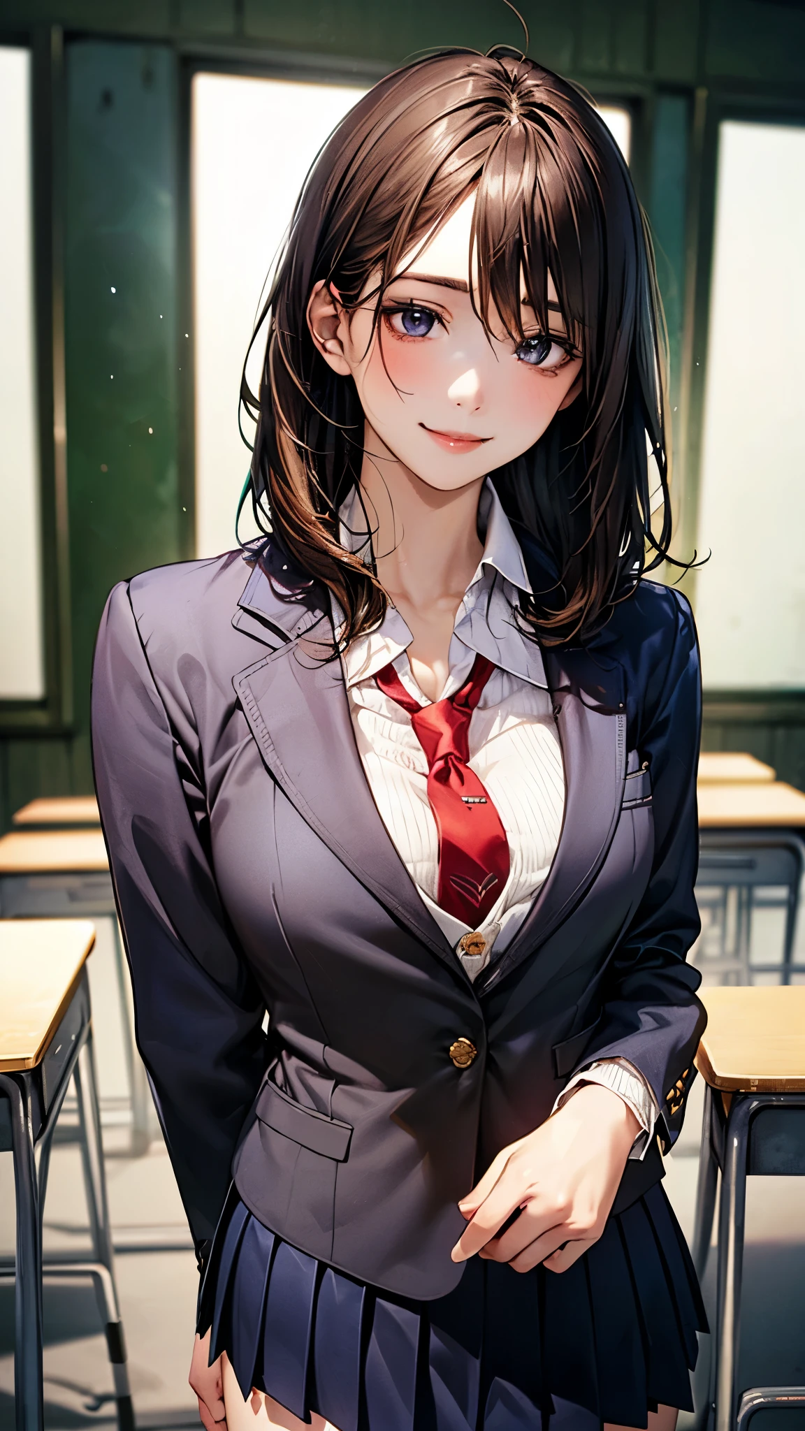 (masterpiece:1.2, top-quality), (realistic, photorealistic:1.4), beautiful illustration, (natural side lighting, movie lighting),
looking at viewer, upper body, front view, 1 girl, japanese, 16 years old, perfect face, cute and symmetrical face, shiny skin, babyface,
({short hair | middle hair}, straight hair:1.2, brown hair), hair between eyes, gold eyes, (middle breasts, seductive thighs, big ass),
beautiful hair, beautiful face, beautiful detailed eyes, beautiful clavicle, beautiful body, beautiful chest, beautiful thigh, beautiful legs, beautiful fingers,
(((navy blazer), close blazer), long sleeve white collared shirts, navy pleated skirt), red tie,
(beautiful scenery), evening, classroom, blackboard, standing, (lovely smile, upper eyes),
