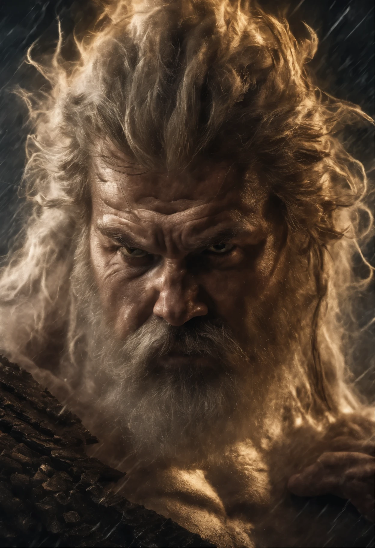 (best quality,4k,8k,highres,masterpiece:1.2),ultra-detailed,(realistic,photorealistic,photo-realistic:1.37),Zeus summoning lightning bolts in a desperate battle with Typhoon, towering and unscathed,illustration,oil painting,mythology,greek god,god of thunder,huge muscular body,giant muscles and veins,bearded face with fierce expression,glowing golden eyes,sweat pouring off him,tense and aggressive stance,dark storm clouds,sunset lighting,torrential rain,majestic thunderbolts,brilliant electric blue bolts of lightning,electricity crackling in the air,rippling shockwaves,ferocious wind gusts,dramatic and intense atmosphere,stormy sea waves crashing against rocks,evocative power and strength,ominous and awe-inspiring presence,stormy seascape with tumultuous waves crushing in the background