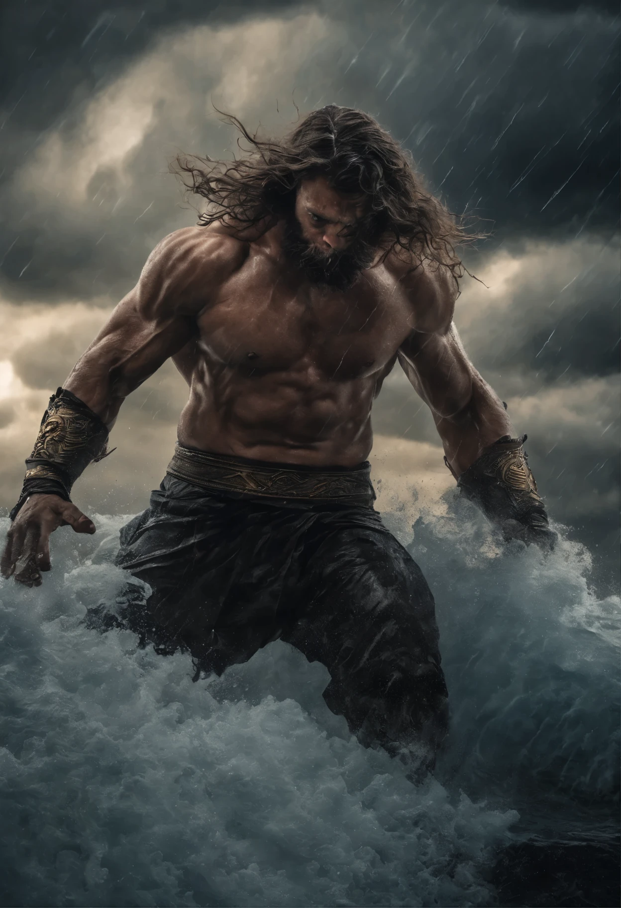 (best quality,4k,8k,highres,masterpiece:1.2),ultra-detailed,(realistic,photorealistic,photo-realistic:1.37),Zeus summoning lightning bolts in a desperate battle with Typhoon, towering and unscathed,illustration,oil painting,mythology,greek god,god of thunder,huge muscular body,giant muscles and veins,bearded face with fierce expression,glowing golden eyes,sweat pouring off him,tense and aggressive stance,dark storm clouds,sunset lighting,torrential rain,majestic thunderbolts,brilliant electric blue bolts of lightning,electricity crackling in the air,rippling shockwaves,ferocious wind gusts,dramatic and intense atmosphere,stormy sea waves crashing against rocks,evocative power and strength,ominous and awe-inspiring presence,stormy seascape with tumultuous waves crushing in the background