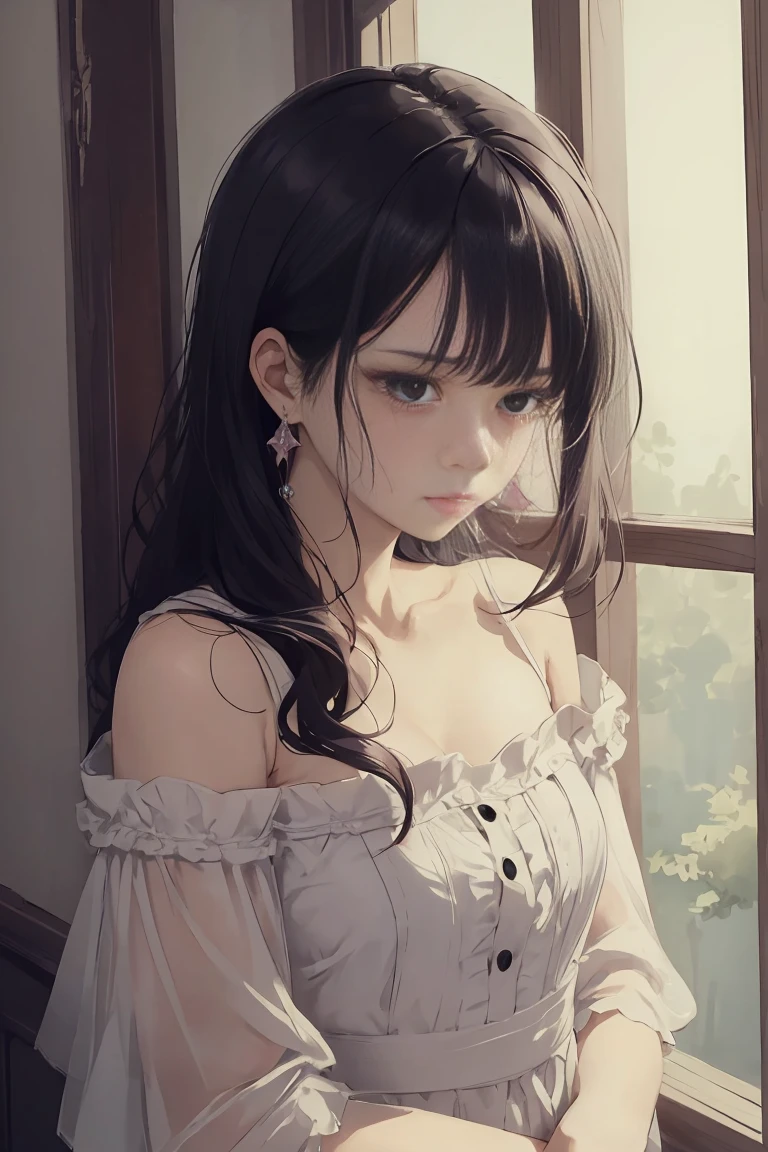 ((highest quality)), ((masterpiece)), (become familiar with), perfect face is sad　Are crying　girl　dark room　one piece　tears　anxious face　Are crying　black hair　Slightly looking down　standing up straight　The whole body is shown　beautiful woman