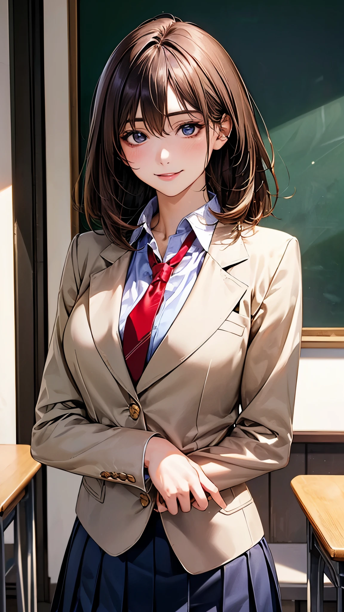 (masterpiece:1.2, top-quality), (realistic, photorealistic:1.4), beautiful illustration, (natural side lighting, movie lighting),
looking at viewer, upper body, front view, 1 girl, japanese, 16 years old, perfect face, cute and symmetrical face, shiny skin, babyface,
({short hair | middle hair}, straight hair:1.2, brown hair), hair between eyes, gold eyes, (middle breasts, seductive thighs, big ass),
beautiful hair, beautiful face, beautiful detailed eyes, beautiful clavicle, beautiful body, beautiful chest, beautiful thigh, beautiful legs, beautiful fingers,
(((navy blazer), close blazer), long sleeve white collared shirts, navy pleated skirt), red tie,
(beautiful scenery), evening, classroom, blackboard, standing, (lovely smile, upper eyes),