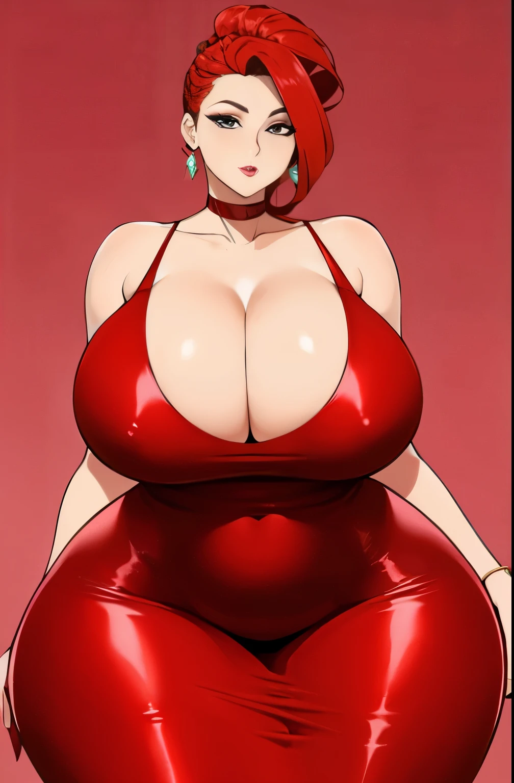 Beautiful woman, she is extremely tall with dark red updo hair, jewelry, she s wearing a red dress, she has extremely large gigantic huge breasts and gigantic butt, very strong legs, cleavage, extremely voluptuous, extremely curvy, prominent hourglass figure, ((((extremely prominent wide hips)))), insanely thick thighs, very long legs, giant butt cheeks,