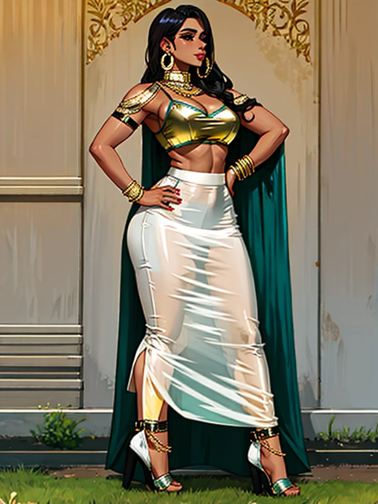 beautiful indian ifbb bimbo, dark skinned, reflective gold shiny bra visible through clothes, translucent white top, iridescent high-waisted sheer longest_lpskirt