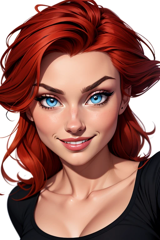 (cartoon style:1.2), Drawings of ([Elsa Hosk]), portrait, wearing black t-shirt, short skirts, red hair, smile, perfect eyes, detailed face, white background, fun posing, flirty look, Centered, scale to fit the dimensions