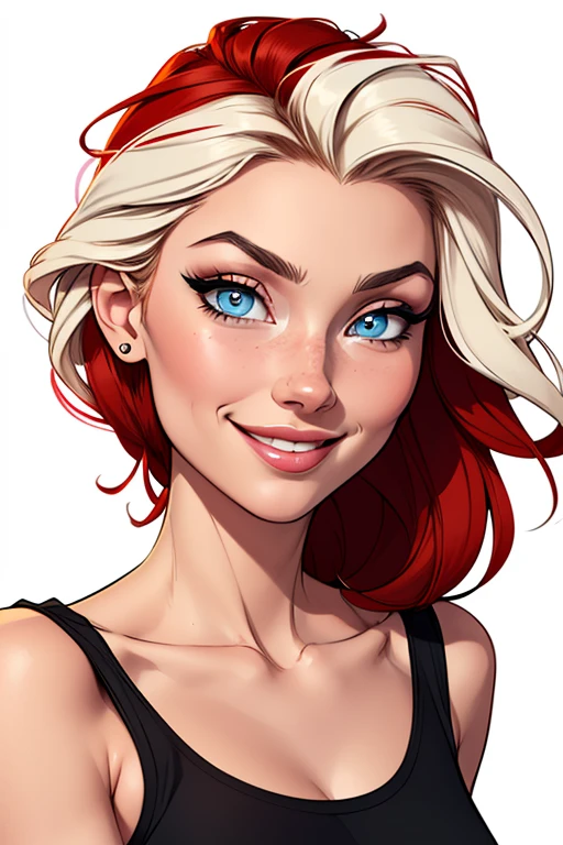 (cartoon style:1.2), Drawings of ([Elsa Hosk]), portrait, wearing black t-shirt, short skirts, red hair, smile, perfect eyes, detailed face, white background, fun posing, flirty look, Centered, scale to fit the dimensions
