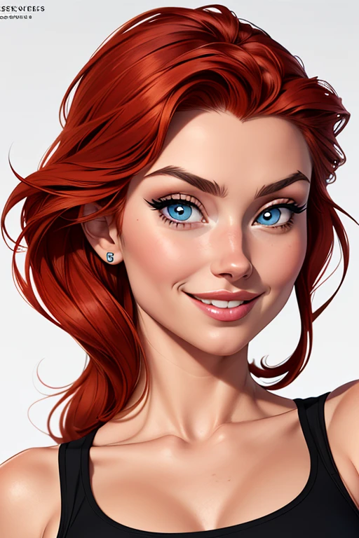 (cartoon style:1.2), Drawings of ([Elsa Hosk]), portrait, wearing black t-shirt, short skirts, red hair, smile, perfect eyes, detailed face, white background, fun posing, flirty look, Centered, scale to fit the dimensions