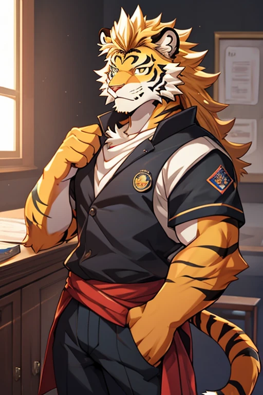 An image of a 17-year-old teenage orange tiger kemono and a 19-year-old teenage yellowish lion kemono(siendo un solo individuo cada kemono mencionado); ambos teniendo una musculatura muy bien formada, trabaja y robusta, llevando puesto un uniforme de estudiante de academia de elite y que se encuentren juntos en un dormitorio amueblado para 3 individuos exactamente.