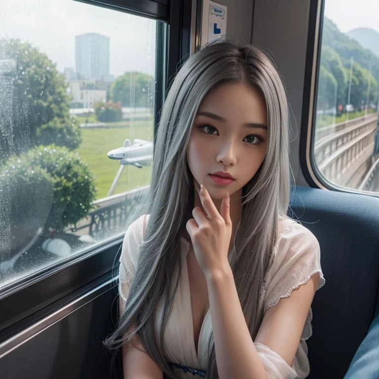 20 year old beauty, very detailed水彩画, amazing background, Tram TGV, Sitting by the window, pensive poses, Head glued to glass, ((My eyes are looking out the window:1.5))、not looking here、Scenery passing by at high speed, とbeautiful女の子, UHD Portrait, (high quality) (Super detailed) 、 Colorful, colored long hair , beautiful long gray hair is fluttering behind her, beautiful, very detailedブロンド、super realism, very detailed, beautiful fingers, beautiful hands,、slender body、Hands are down、Detailed number of fingers on human body