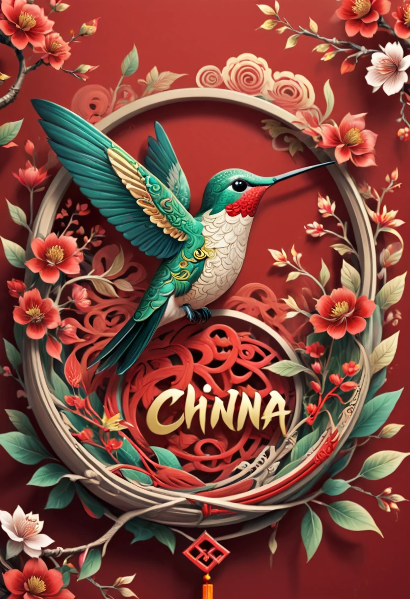 text "China", Chinese style Nest, hummingbird, year 2024, zentagle, cinematic, red theme, (best quality, masterpiece, Representative work, official art, Professional, 8k)