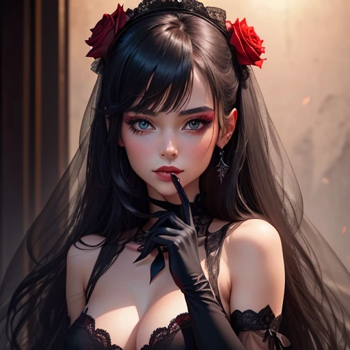 Portait femme gothique portant une rose noire dans les mains un voile sur la tete les levres rouge maquillage sexy