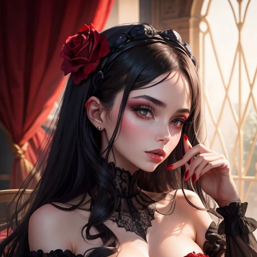 Portait femme gothique portant une rose noire dans les mains un voile sur la tete les levres rouge maquillage sexy