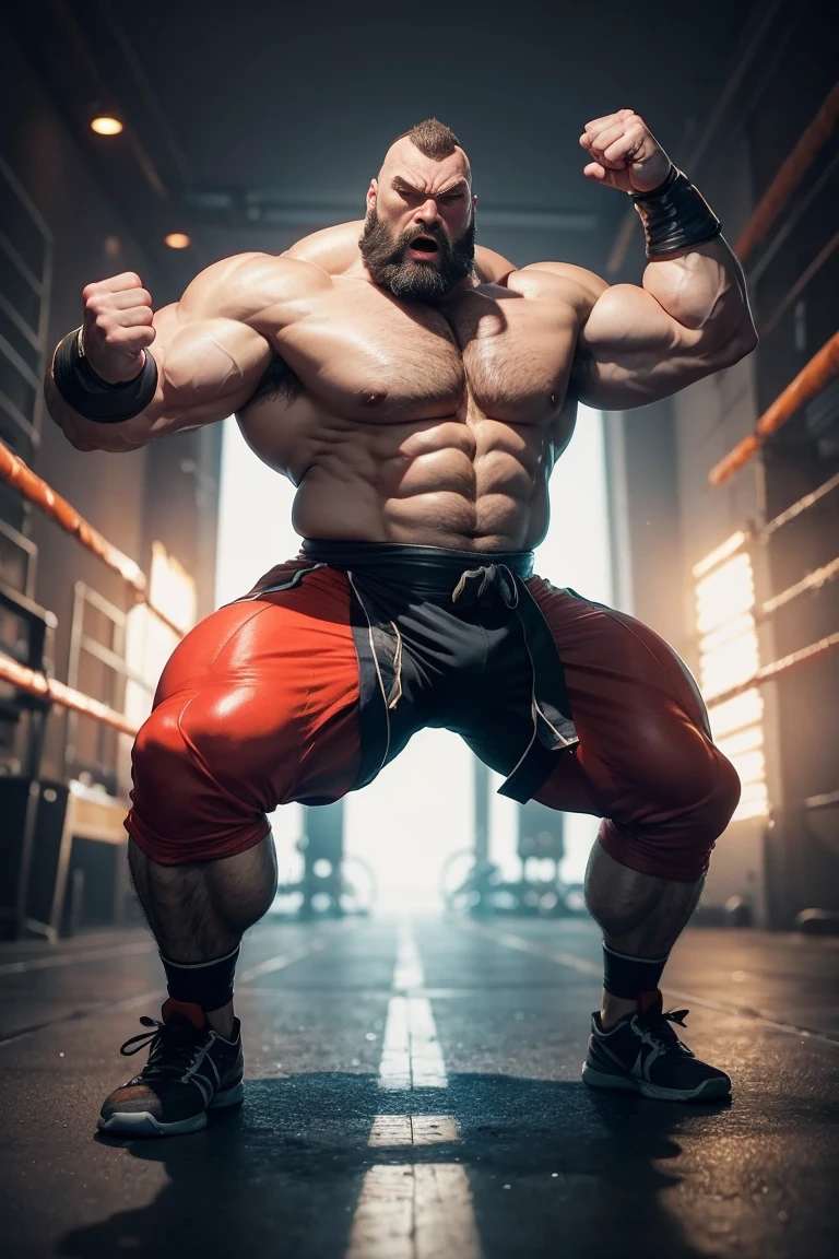 1 man zangief solo、Fighting Game Fighter、street fighter、Fitness Body Shape、Pose ready to fight、battle look,full body view, wrestling pose, angry expression