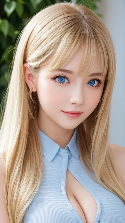 extraordinary sexy beauty、Beautiful, kind and cheerful expression、sexy refreshing look、perfect beautiful cute face、short ponytail、long bangs between the eyes,、super long blonde straight hair、Beautiful facial hair、very cute beautiful sexy young little woman、Beautiful cute face so perfect and beautiful、big breasts, Beautiful clear pale blue cute eyes,