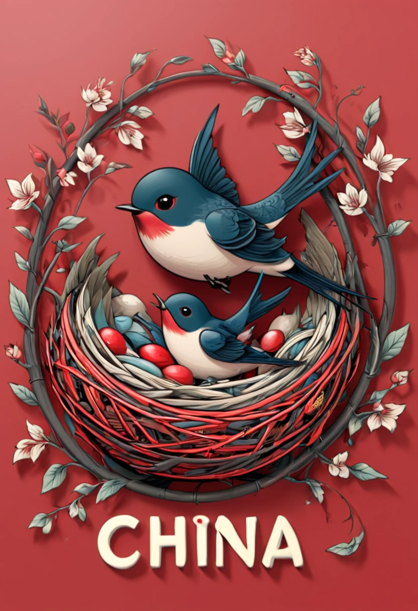 text "China", Chinese style Nest, swallow, year 2024, zentagle, cinematic, red theme, (best quality, masterpiece, Representative work, official art, Professional, 8k)