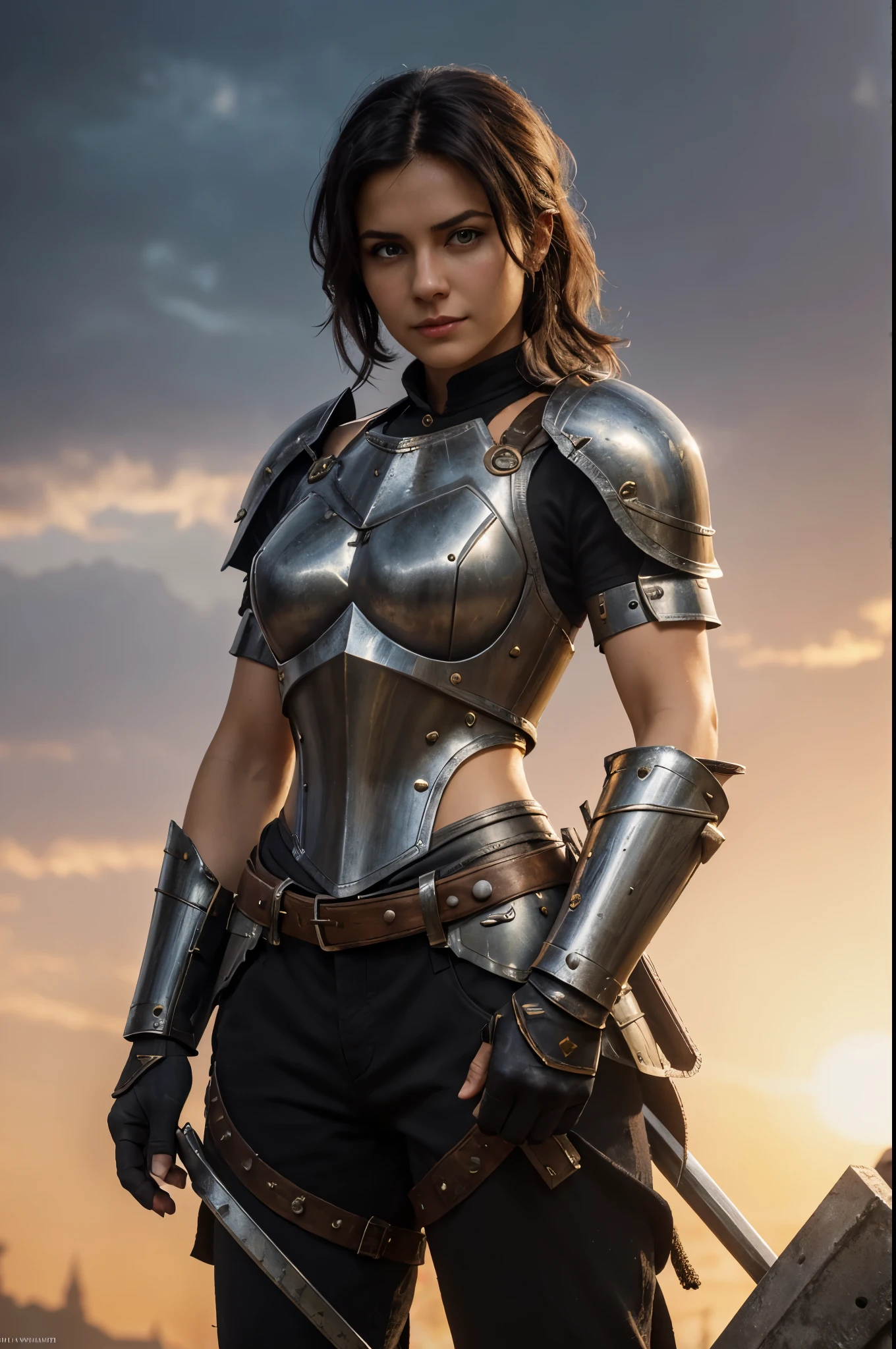 8K,超A high resolution,((Top image quality))、((masterpiece))、(High Detail:1.3)、jeanne d'arc,Short-haired with short colors,Woman in black armor、length hair。Precise details of the decoration of the chest armor、Wartime scenes of armor damage