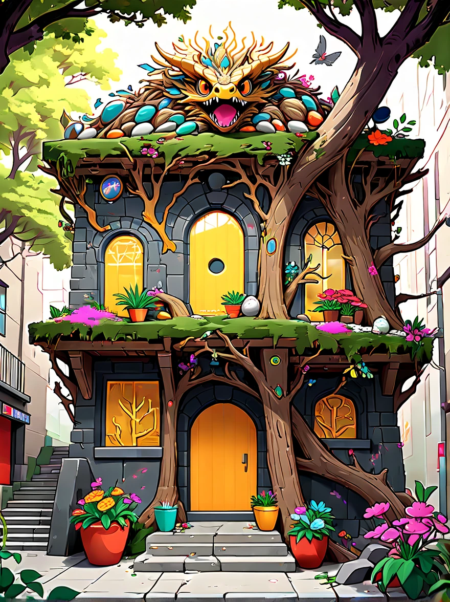 dark underground building，Cute giant dragon，((Sophisticated and beautiful nest:1.5))，The dragon&#39;s lair is made of tree branches，rock，gold coins，arms，shield etc., Colorful flowers and diverse plants, graffiti in the style of Keith Haring,sharpie illustration, Bold lines and solid colors, Simple details, minimalist，\(qline\)