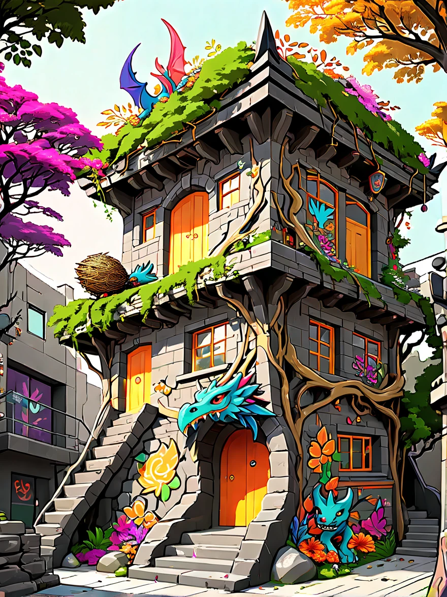 dark underground building,Cute giant dragon,((Sophisticated and beautiful nest:1.5)),The dragon's lair is made of tree branches,rock,gold coins,arms,shield etc., Colorful flowers and diverse plants, graffiti in the style of Keith Haring,sharpie illustration, Bold lines and solid colors, Simple details, minimalist,\(qline\)