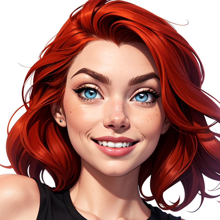 (cartoon style:1.2), Drawings of ([Emma Stone, Elsa Hosk, Hailee Steinfeld]), portrait, wearing black t-shirt, short skirts, red hair, smile, perfect eyes, detailed face, white background, fun posing, flirty look, Centered, scale to fit the dimensions