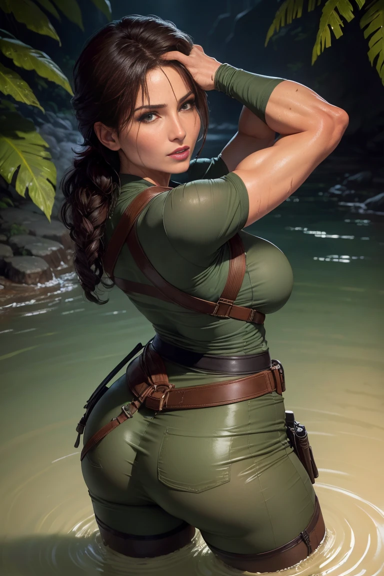  Birdseye view. Lara Croft standing waist-high in a river in the jungle at night. Wet body. Wet clothes. Wet see-through grey shirt. She is soaking wet. Wet hair. Beautiful face. Perfect anatomy. Arms by her side. Wearing skin tight Khaki trousers. Enigmatic smile. Nipples