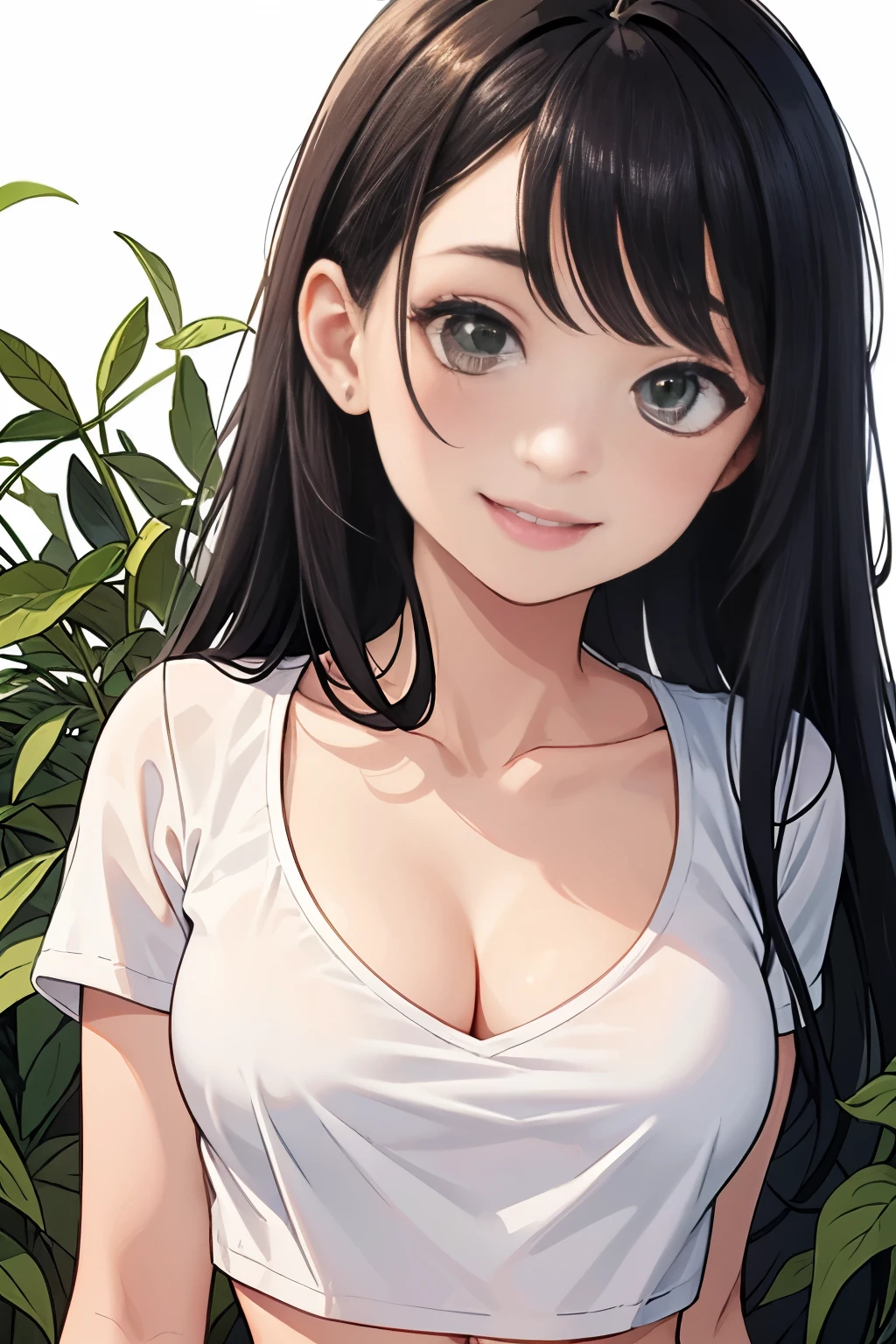 Amazing portrait of a sexy woman wearing her long straight luscious black hair, seductively gazing and smiling, soft lips, parted, blushing intensely, smiling, olive green crop top, white cargo pants, white shirt, medium chest, cleavage, perfect body