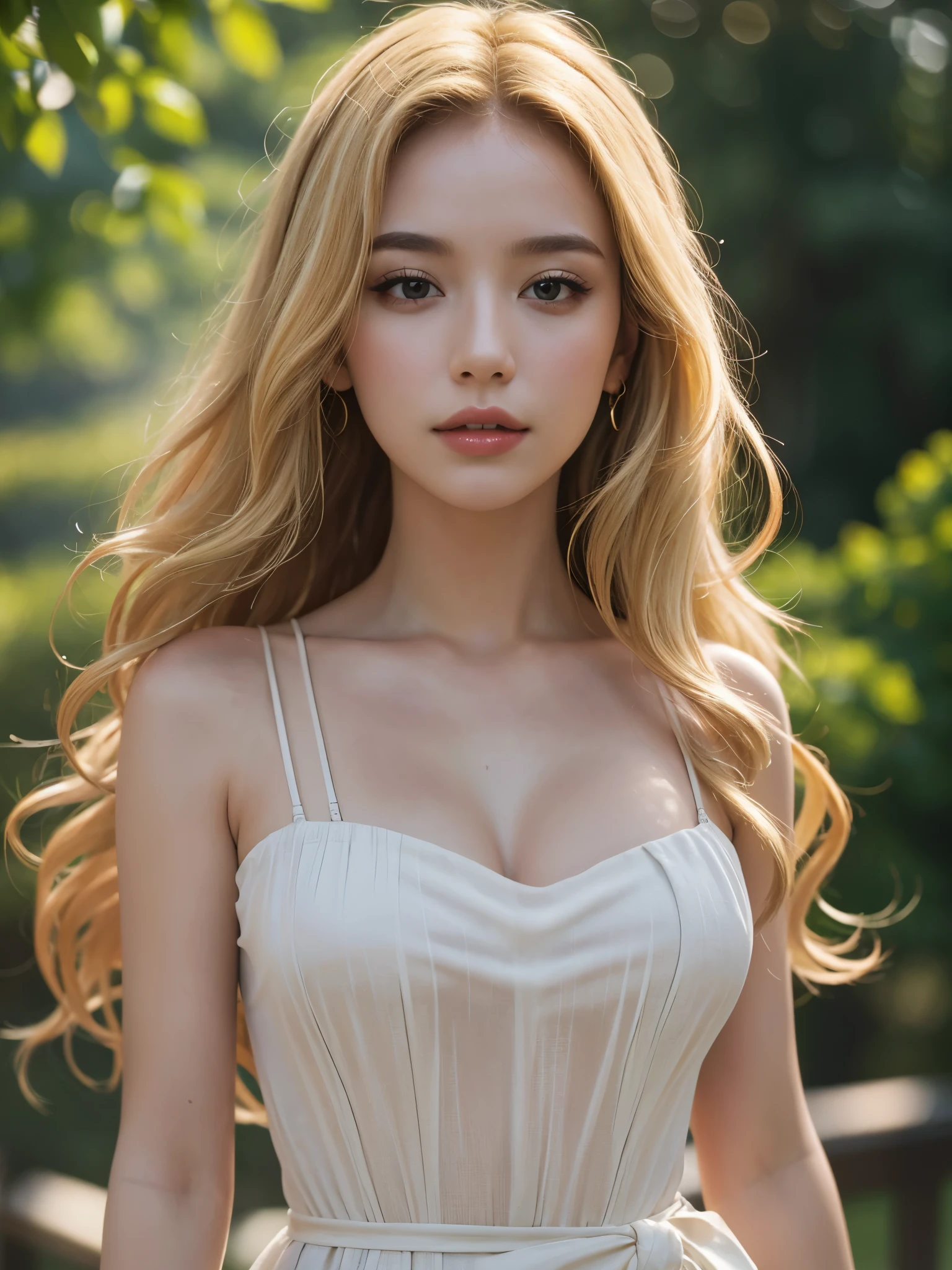 (MASTERPIECE:1. 2), (REALISTIC:1. 4), (POST PROCESSING:1. 3), (SHARP FOCUS:1. 3), 8K, mid body shot (85mm photo) , A Woman, Portrait, outdoor, Empire Waist dress, bokeh, wavy hair, blonde, (highly detailed body, highly detailed face, highly detailed eye, best quality:1. 2)