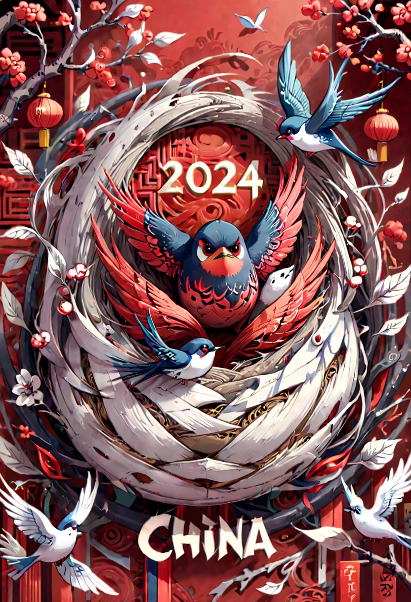 text "China", Chinese style Nest, swallow, year 2024, zentagle, cinematic, red theme, (best quality, masterpiece, Representative work, official art, Professional, 8k)