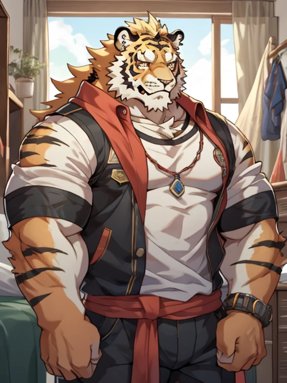 An image of a 17-year-old teenage orange tiger kemono and a 19-year-old teenage yellowish lion kemono(siendo un solo individuo cada kemono mencionado); both having somewhat large and voluminous muscles with the sense that they are very well formed, trabaja, robusta y tonificada, llevando puesto un uniforme de estudiante de academia de elite y que se encuentren juntos ambos kemonos en un dormitorio para 3 individuos exactamente.