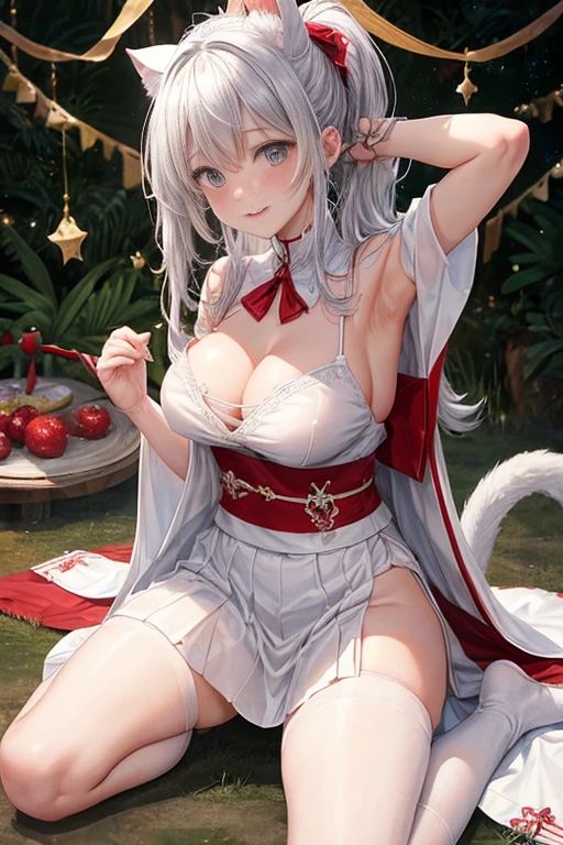 masterpiece、highest quality、8k.smile、blush、older sister、cute high school girl、thin waist、big breasts、panties、skirt lift、off shoulder、white bikini、thin thighs、white knee high socks、hands behind head、beautiful armpits、valley、sexy pose、shiny thighs、dynamic pose、cowboy shot、Silver paper、ponytail、crawl on all fours、spread legs、Sex appeal、Bewitching、fantasy、white santa cosplay、white nurse uniform、Cat ear、White leather jacket、gorgeous embroidery、kimono、Beautiful white dress、full body tights