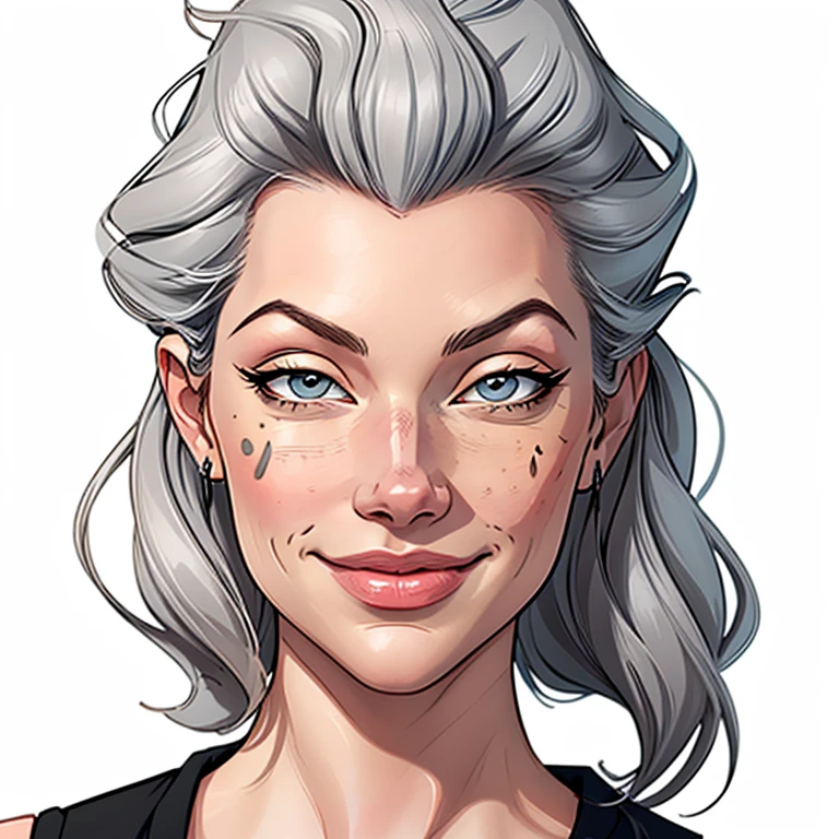 (cartoon style:1.2), Drawings of ([Emma Stone, Elsa Hosk, Hailee Steinfeld]), portrait, wearing black t-shirt, short skirts, Grey hair, smile, perfect eyes, detailed face, white background, fun posing, flirty look, Centered, scale to fit the dimensions