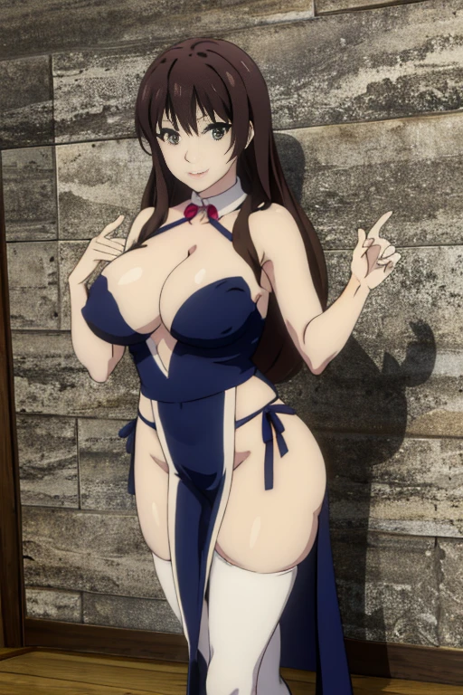 masterpiece, high resolution, best quality, beautiful art, anime style, detailed face, 1 woman, solo, Yunyun, big breasted, cleavage, mature woman, grown up, blue japanese clothes, sexy outfit, sleeveless, white stockings, pelvic curtain, full body, sexy legs thighs and hips, looking at the viewer, dancing seductively, smiling joyfully, beach environment 