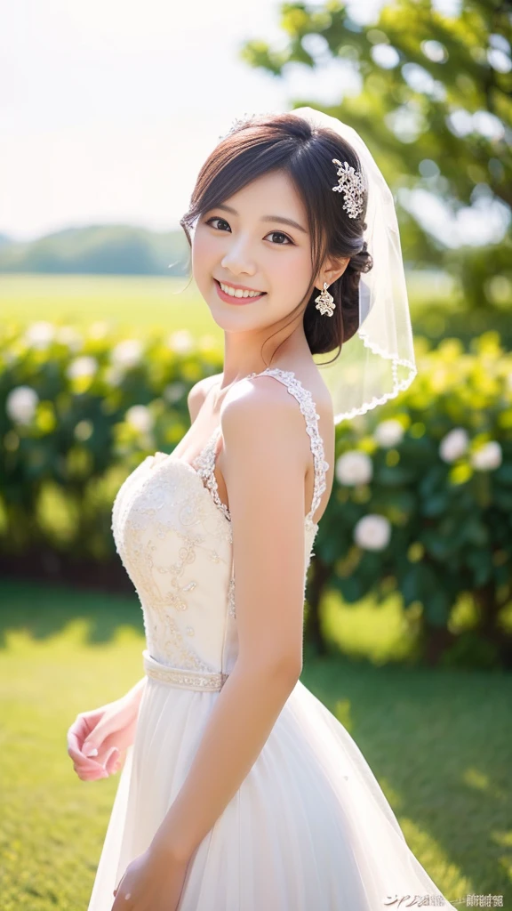 1 woman、Wedding、Beautiful style、Super high quality、whole body、beautiful skin、Japanese、innocent smile、Pull angle of view、realistic pictures、delicate、clear、white background、pink dress