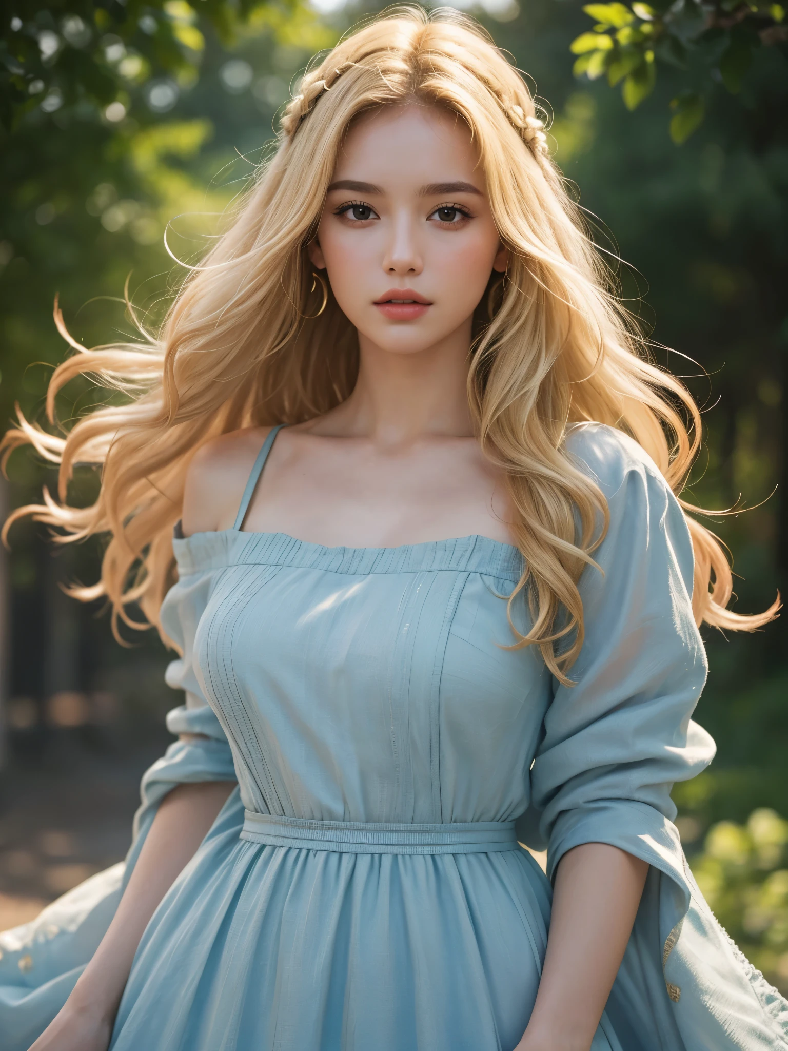 (MASTERPIECE:1. 2), (REALISTIC:1. 4), (POST PROCESSING:1. 3), (SHARP FOCUS:1. 3), 8K, mid body shot (85mm photo) , A Woman, Portrait, outdoor, Empire Waist dress, bokeh, wavy hair, blonde, (highly detailed body, highly detailed face, highly detailed eye, best quality:1. 2)