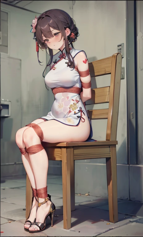 masterpiece, best quality,Anatomically sound,((Imprisoned)),((blush)), ((tears)), (()),((Exhausted)),((cheongsam)),((High heel)), ((Confinement rooms)),((arms_behind_Back)),((legs together)), ((Bondage)),((chaili)),