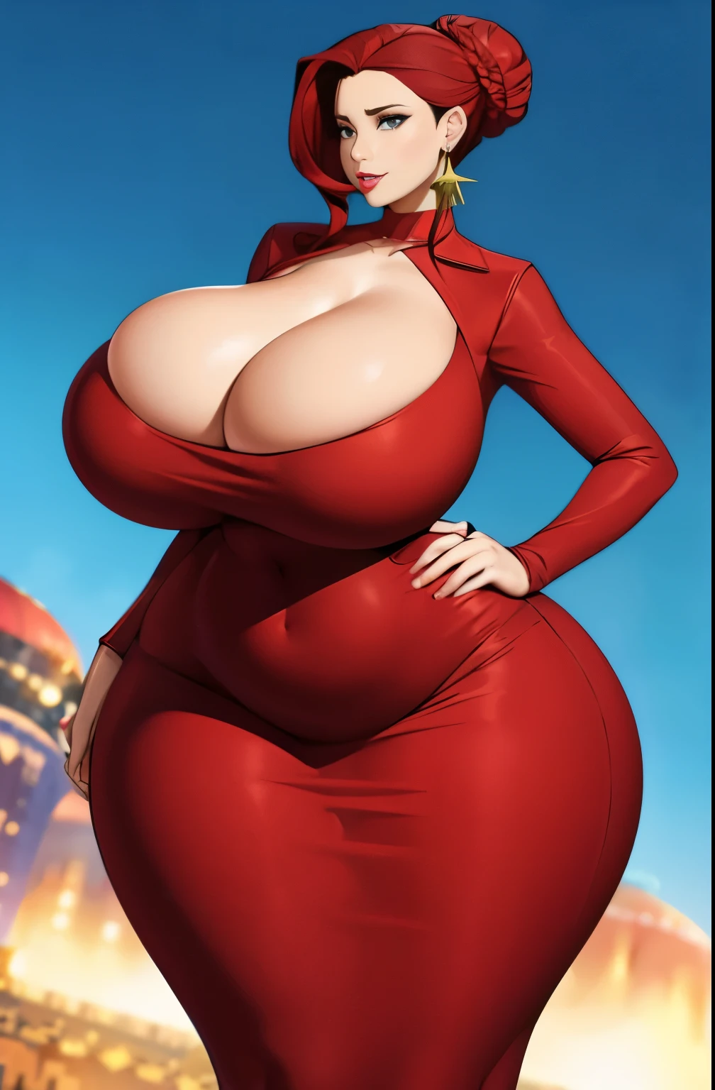 Beautiful woman, she is extremely tall with dark red updo hair, jewelry, she s wearing a red dress, she has extremely large gigantic huge breasts and gigantic butt, very strong legs, cleavage, extremely voluptuous, extremely curvy, prominent hourglass figure, ((((extremely prominent wide hips)))), insanely thick thighs, very long legs, giant butt cheeks, Gigantic sexy assets