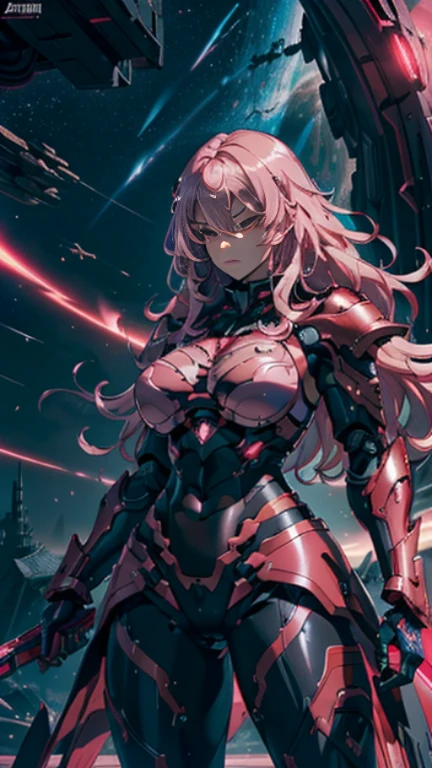 (Armed curvaceous and strong muscular warlord woman), (Melancholy look), ((voluminous wavy light pink hair)), glowing red eyes, ((On her chest is a high-tech glowing dark red star)), sophisticated details, (Sleek, high-tech and futuristic wearing black:70 and dark red:90 Sophisticated armor with tactical skirt), highly weaponized, ((Sideways intimidating pose)), ((standing sideways on a spaceship)), (surrounded by stars。), 最high quality, Sharp and clear line drawings, high quality, 8K professional images