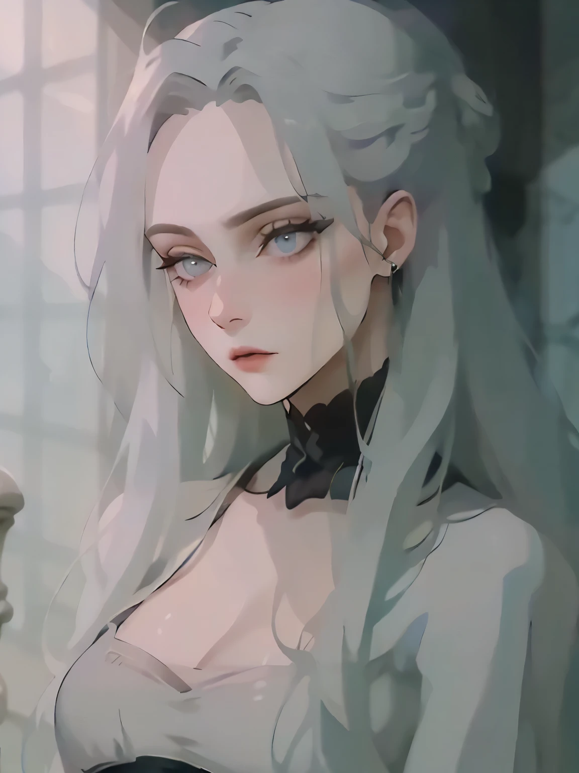 Портрет. Cassandra is a tall young woman with pale skin., gray eyes and white wavy hair with gray streaks, braided into a high ponytail with many small braids. Two strands of hair and asymmetrical bangs go down the sides of the face