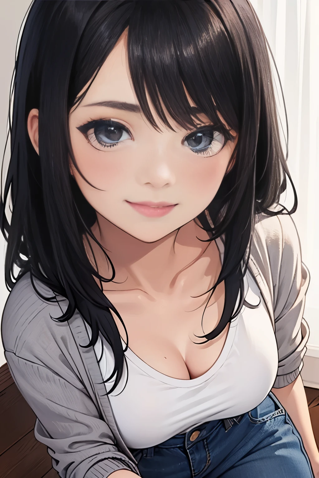 Amazing portrait of a sexy woman wearing her long straight luscious black hair, seductively gazing and smiling, soft lips, parted, blushing intensely, smiling, white t shirt, grey cardigan, baggy jeans, medium chest, perfect body