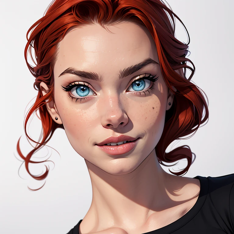 (cartoon style:1.2), Drawings of ([Emma Stone, Elsa Hosk, Hailee Steinfeld]), portrait, wearing black t-shirt, short skirts, red hair, perfect eyes, detailed face, white background, fun posing, flirty look, Centered, scale to fit the dimensions