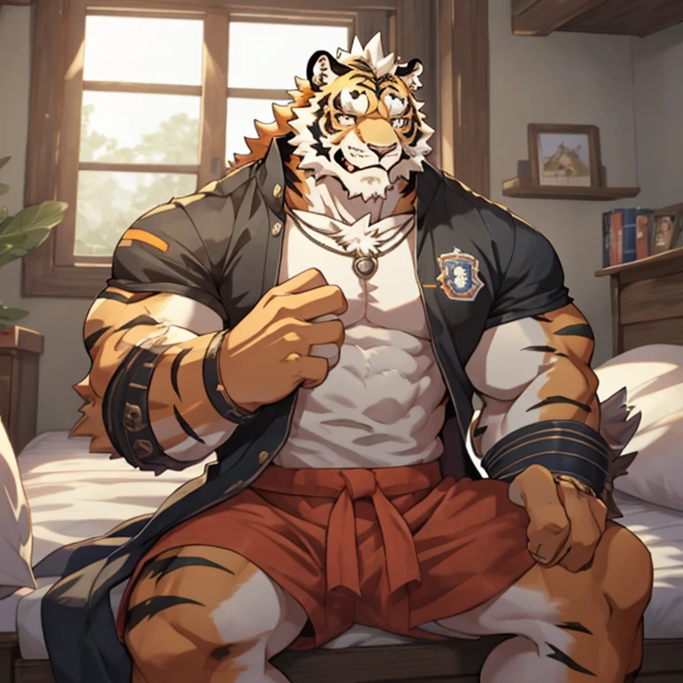 An image of a -yeld tege orange tiger kemono and a 19-year-old teenage yellowish lion kemono(siendo un solo individuo cada kemono mencionado); both having somewhat large and voluminous muscles with the sense that they are very well formed, trabaja, robusta y tonificada, llevando puesto un uniforme de estudiante de academia de elite y que se encuentren juntos ambos kemonos en un dormitorio para 3 individuos exactamente.