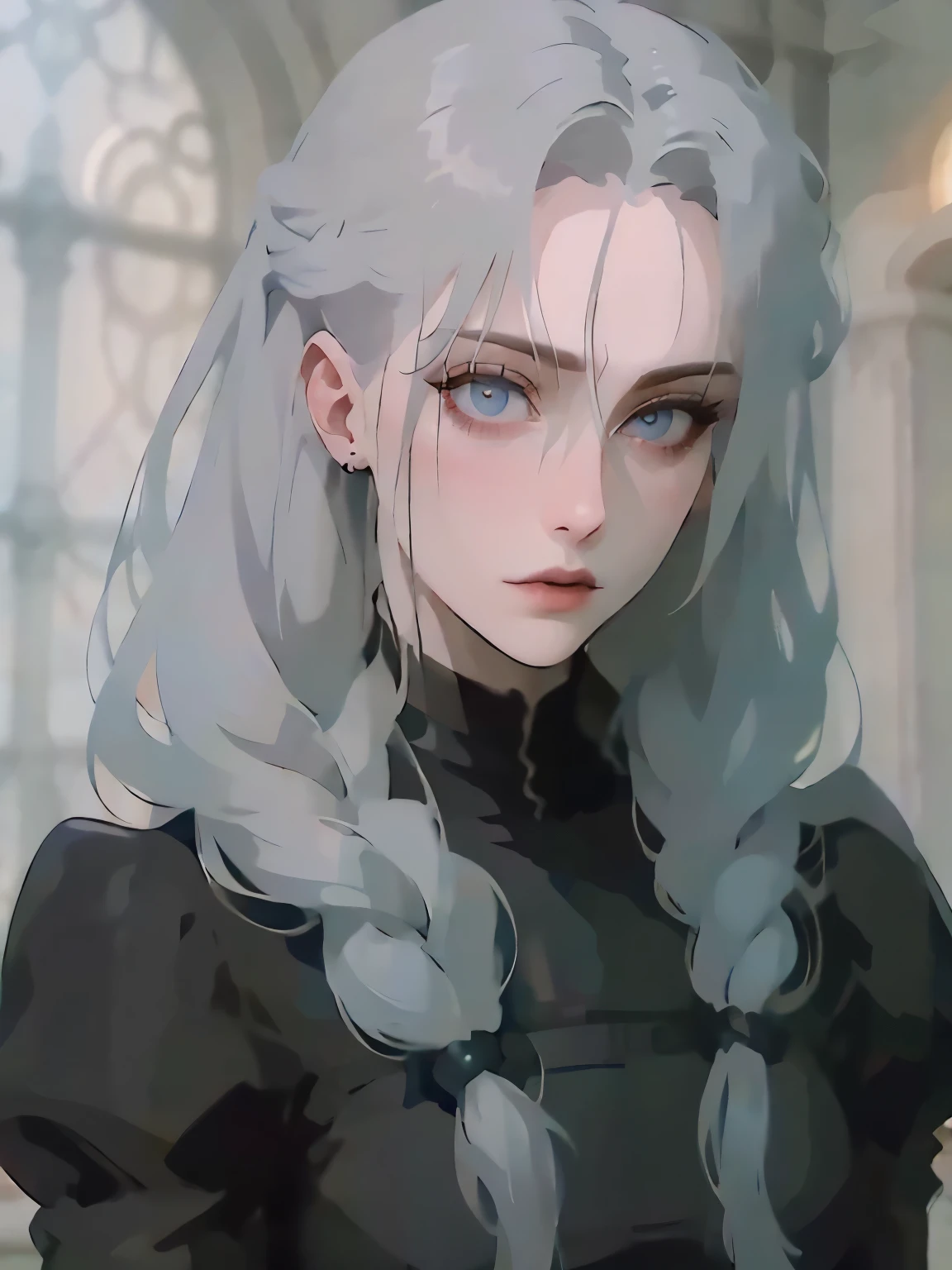 Портрет. Cassandra is a tall young woman with pale skin., gray eyes and white wavy hair with gray streaks, braided into a high ponytail with many small braids. Two strands of hair and asymmetrical bangs go down the sides of the face