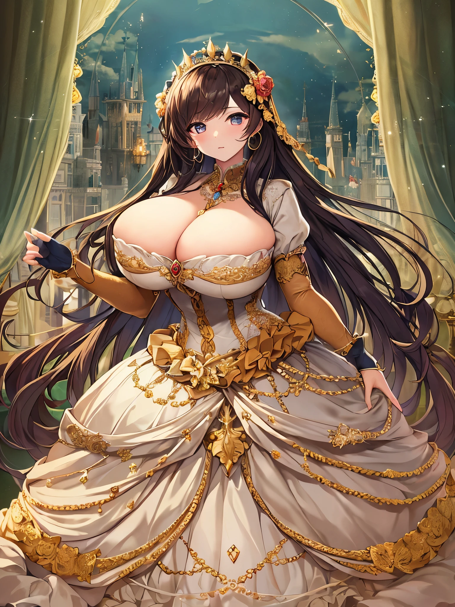 ((anime artstyle)),(Masterpiece),(Best Quality), (Super Detail),((Very Delicate and Beautiful)),((Solo)),Standing,((full body)),((1 princess in gorgeousfull rococo ballgown with voluminous hoop skirt)),detailed face and eyes,jewel-like eyes,((extremely voluminous straight Hair,Extremely Long Straight Hair)),(((gigantic tits,long tits,cleavage))),skindentation,((gorgeousfull embroidery and lace,beautiful embroidery and jeweled)),Gorgeous Gemstone Jewelry,gorgeous corsage,gorgeousfull hair ornament,gorgeousfull glitter jeweled tiara,((full body)),((voluminous hoop skirt,crinoline,Long train)),luxury palace,Dynamic Angle,Looking at viewer,(((gorgeousfull rococo ballgown with voluminous hoop skirt)),full body