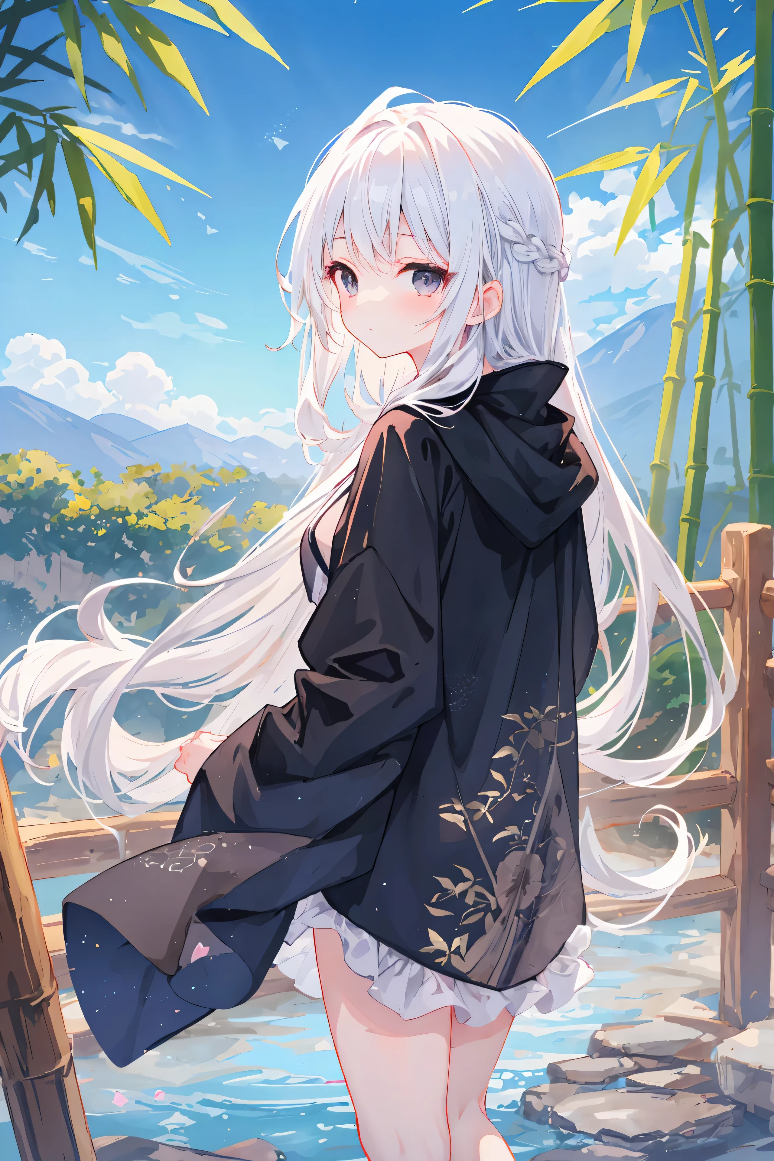 Fille animée, jeune, longs cheveux blancs en désordre attachés, portant une belle robe chinoise noire pastel, avec un fond pittoresque de bambou, beaux yeux noirs clairs, face au côté opposé à la caméra/téléspectateur, look mature, peau claire, 8K, haute résolution