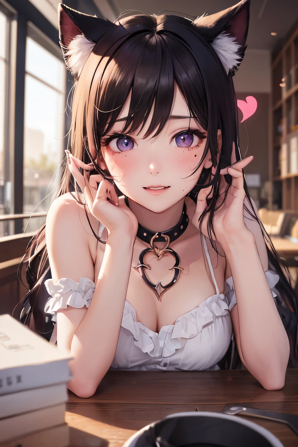 striped hair,Pink twin-tailed hair, Hello,  mole under eye, mole under mouth, heart-shaped eyes, long eyelashes, pink eyes, Heart-shaped choker、Full body Esbian、look at the viewer、shy, blush, tooth, ear blush, nose blush,anime style, color field painting, ray tracing, bloom, one person&#39;s perspective, nffsw, award-winning, 16K, 最high quality, advanced details, high quality, table top, High resolution, Accurate, Super detailed