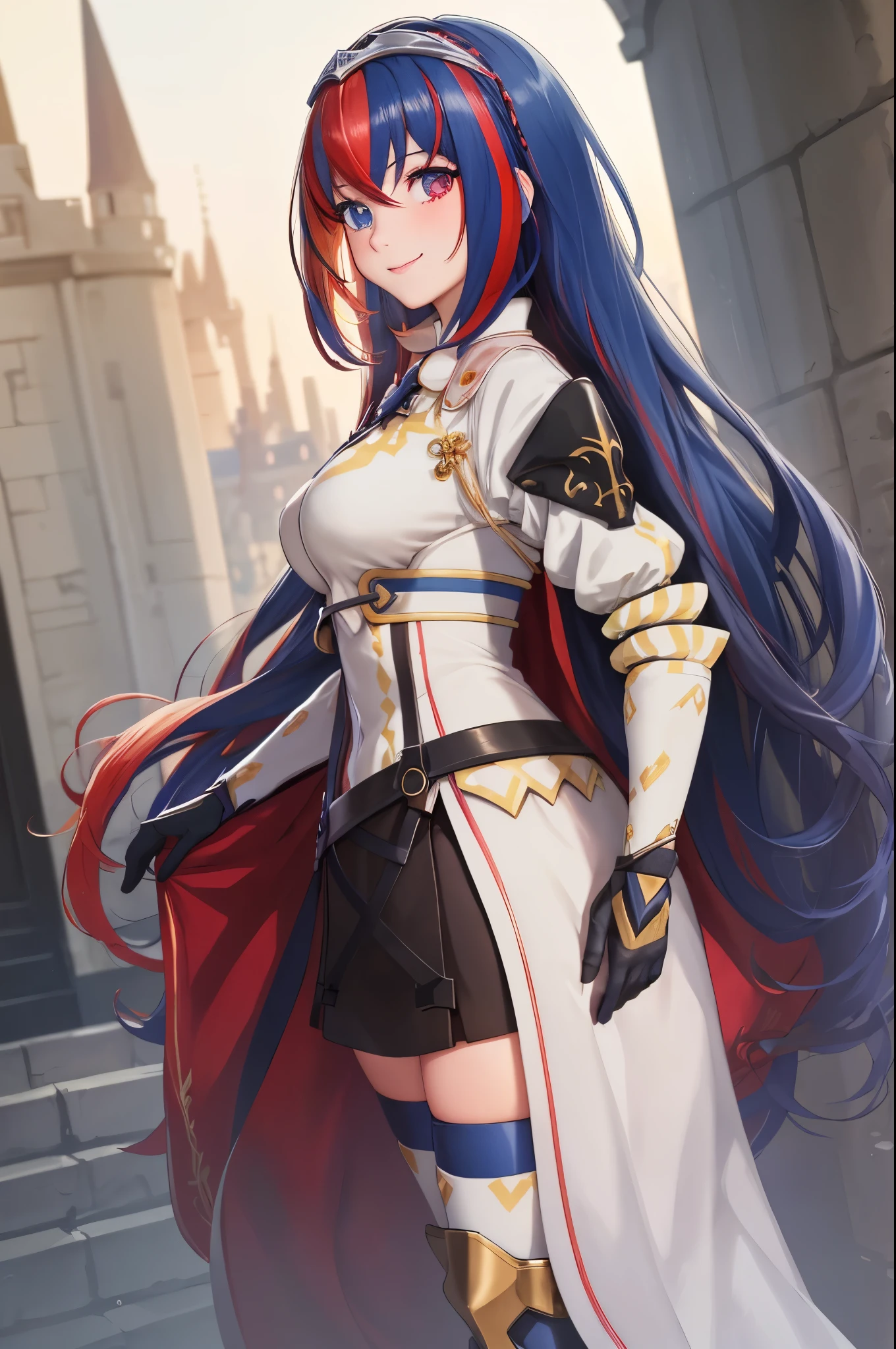 (extremely detailed CG),(best quality),1girl,perfect face,bright pupils,(finely detailed beautiful eyes),very long hair,shiny skin,lustrous skin,wide hips,narrow waist,alear \(fire emblem\),heterochromia,crossed bangs,split-color hair,tiara,armor,gloves,jewelry,thighhighs,skirt,boots,full body,standing,depth of field,light smile,castle background,from side,