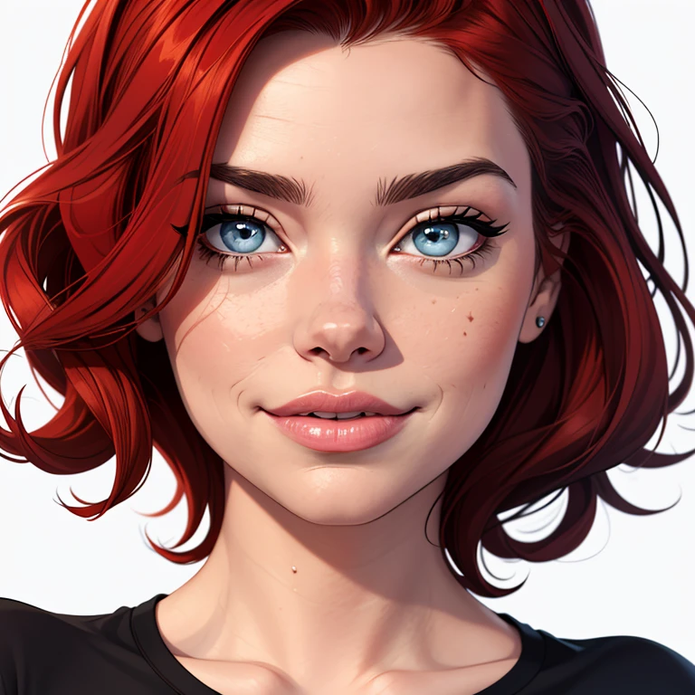 (cartoon style:1.2), Drawings of ([Emma Stone, Jessica Simpson, Hailee Steinfeld]), portrait, wearing black t-shirt, short skirts, red hair, perfect eyes, detailed face, white background, fun posing, flirty look, Centered, scale to fit the dimensions