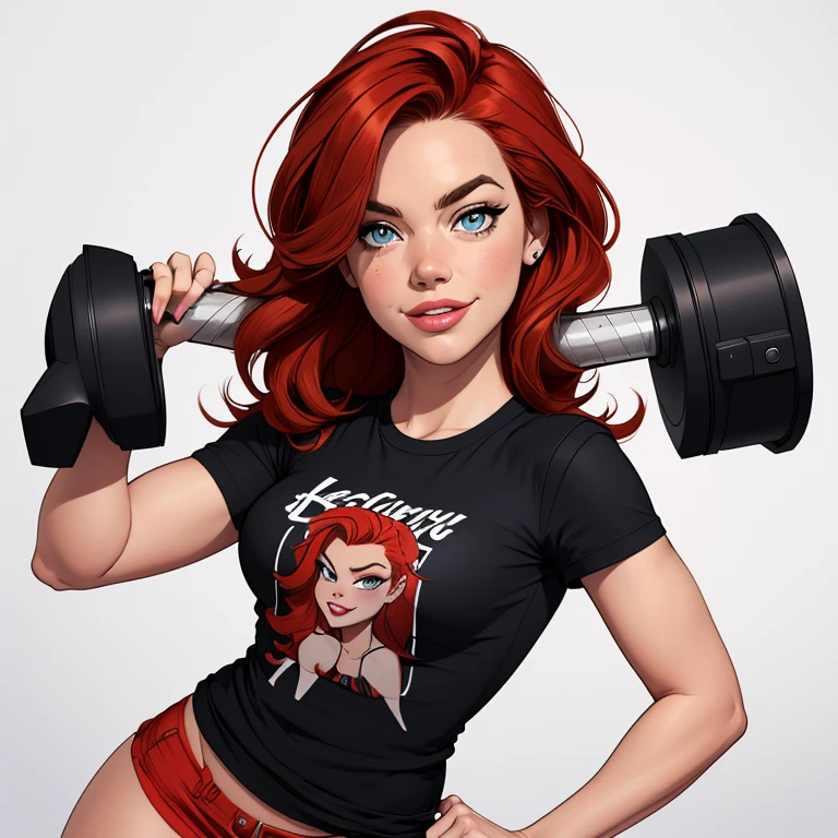 (cartoon style:1.2), Drawings of ([Emma Stone, Jessica Simpson, Hailee Steinfeld]), portrait, wearing black t-shirt, short skirts, red hair, perfect eyes, detailed face, white background, fun posing, flirty look, Centered, scale to fit the dimensions