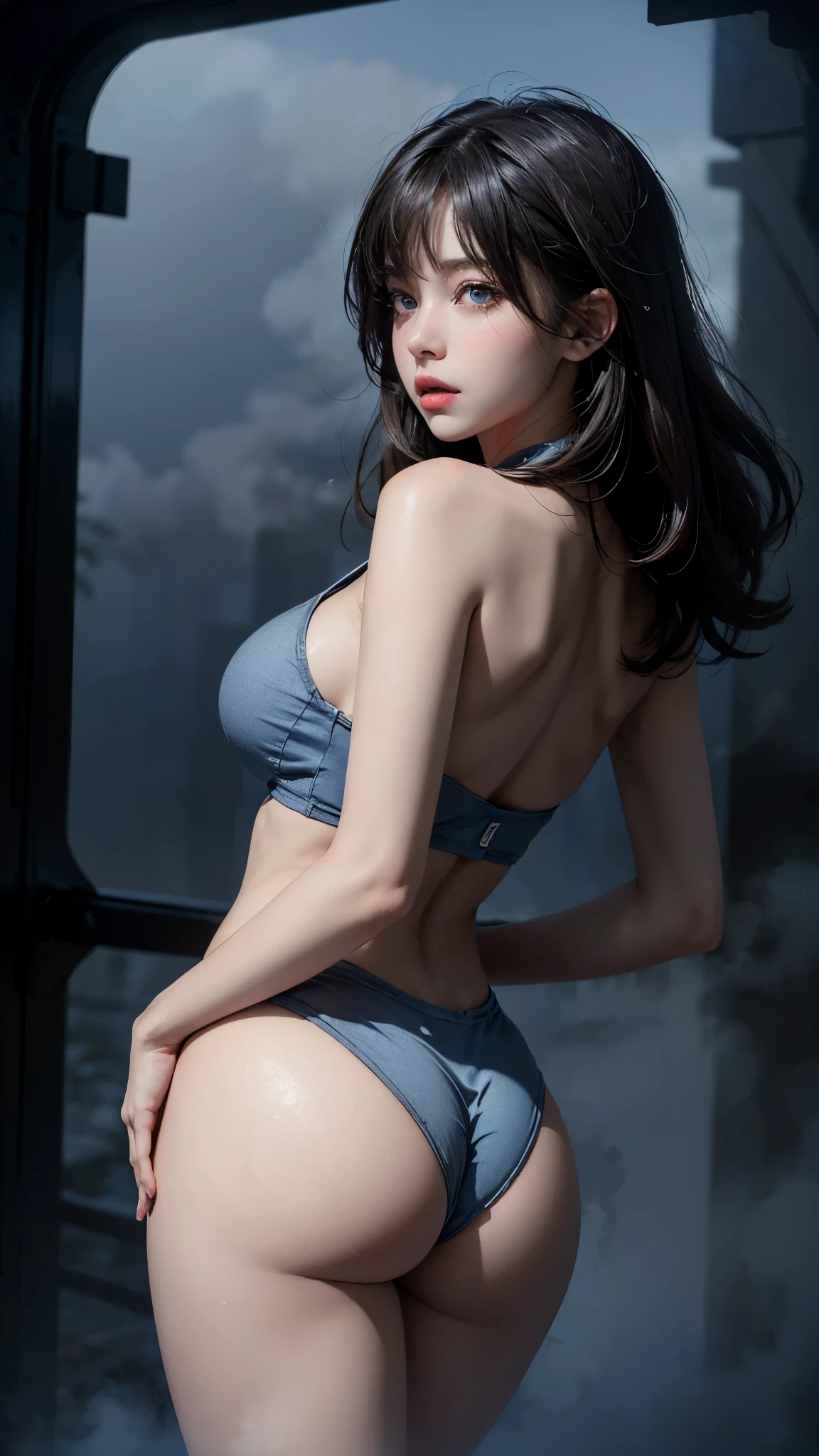 (UHD, retina, masterpiece, accurate, anatomically_correct, textured_skin, super_detail, high_details, high_quality, best_quality, high_res, 1080P, HD, 4K, 8k, 16k), (beautiful_detailed_eyes, beautiful_detailed_lips, extremely_detailed_eyes_and_face), soft_lighting, physically-based_rendering, vivid_colors, (large_breasts:1.5), (shiny_hair, shiny_skin, tanned_skin, blush), (bangs:1.5), eye_reflection, (science_fiction, station, railway, bokeh), semi-profile_view, (deep_fog, blue_atmosphere, praise_da_booty:1.5), riders_jacket, tank_top,