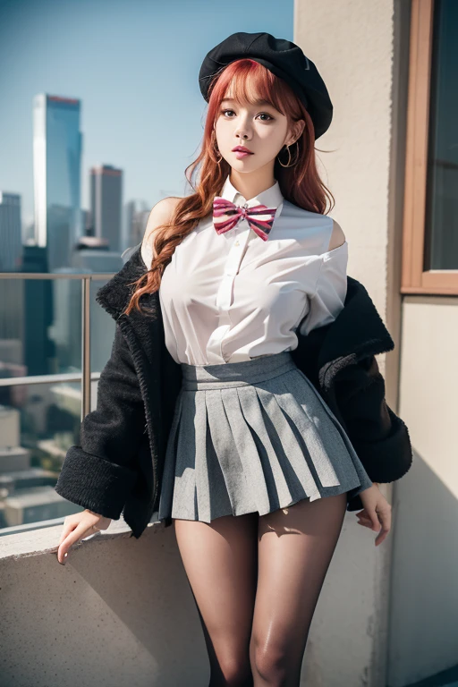 (masterpiece, best quality:1.2),illustration,8k,hd,city,Beautiful girl college student,solo,cowboy shot,mp7 (girls frontline),medium breasts,ahoge,beret,blush,hat,medium hair,off shoulder,side ponytail,yellow eyes,jacket,red hair,fur trim,boots,pink hair,pleated skirt,headphones,bow,white shirt,black pantyhose,bowtie,long sleeves,collared shirt,black skirt,bangs,black headwear,