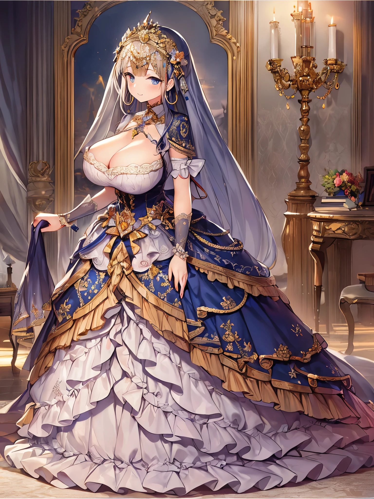 ((anime artstyle)),(Masterpiece),(Best Quality), (Super Detail),((Very Delicate and Beautiful)),((Solo)),Standing,((full body)),((1 princess in gorgeousfull rococo ballgown with voluminous hoop skirt)),detailed face and eyes,jewel-like eyes,((extremely voluminous straight Hair,Extremely Long Straight Hair)),(((gigantic tits,long tits,cleavage,curvy))),skindentation,((gorgeousfull embroidery and lace,beautiful embroidery and jeweled)),Gorgeous Gemstone Jewelry,gorgeous corsage,gorgeousfull hair ornament,gorgeousfull glitter jeweled tiara,((full body)),((voluminous hoop skirt,crinoline,Long train)),luxury palace,Dynamic Angle,Looking at viewer,(((gorgeousfull rococo ballgown with voluminous hoop skirt)),full body