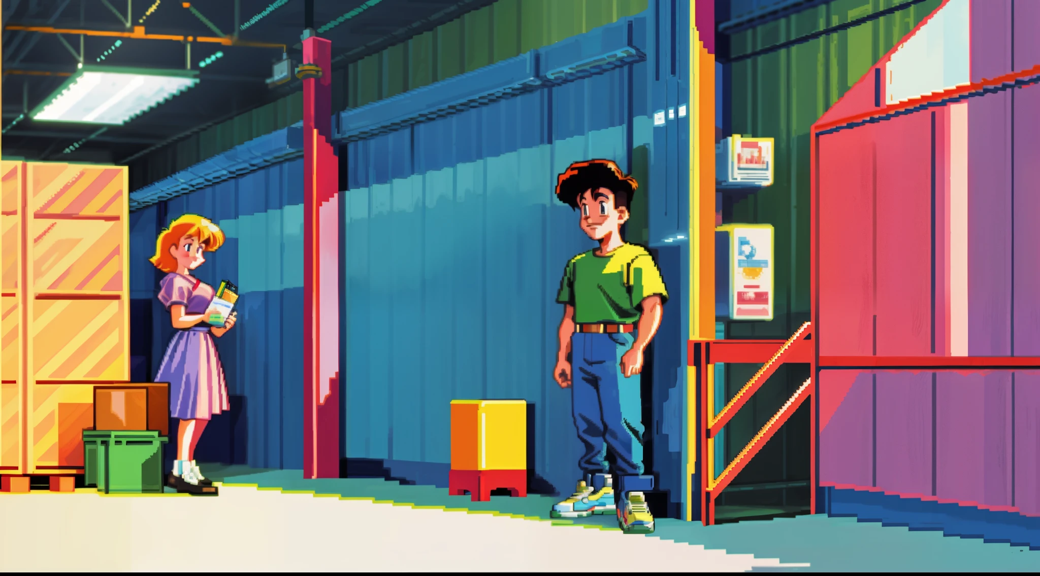 1990s, pixelart style, A man and a woman standing in a warehouse